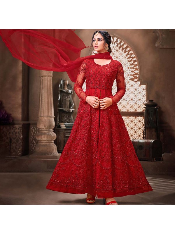 Glamorous Red Net Anarkali Salwar Kameez